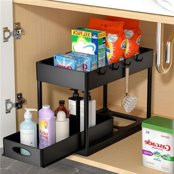 Under Sink Basket Organizer 2 Tier Sliding Storage for Bathroom Kitchen Black - Picture 1 of 7